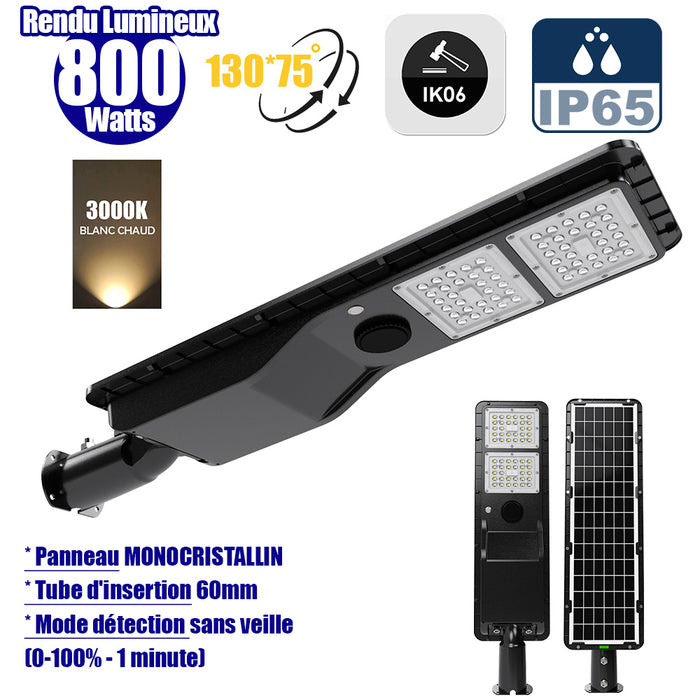 Lampe de rue solaire - Série POWER EVO V2 - 800 Watts - 2200 Lumens - IP65 - Angle 130x75° - 75 x 20 x 9 cm - Panneau MONOCRISTALLIN - Structure en ALUMINIUM - Capteur de présence PIR - Mode détection sans veille (0-100% - 1 minute) - 3000K