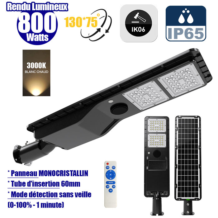 Lampe de rue solaire - Série POWER EVO V2 - 800 Watts - 2200 Lumens - IP65 - Angle 130x75° - 75 x 20 x 9 cm - Panneau MONOCRISTALLIN - Structure en ALUMINIUM - Mode détection sans veille (0-100% - 1 minute) - Télécommande - 3000K