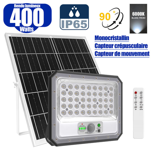Projecteur LED solaire - Série SECURITY V2 - 400 Watts - 2100 Lumens - Angle 90° - IP65 - Lampe 26 x 21 x 5 cm - Panneau solaire MONOCRISTALLIN 39 x 23 x 2 cm - Avec détecteur de mouvement - Avec télécommande - Support ajustable - 6000k