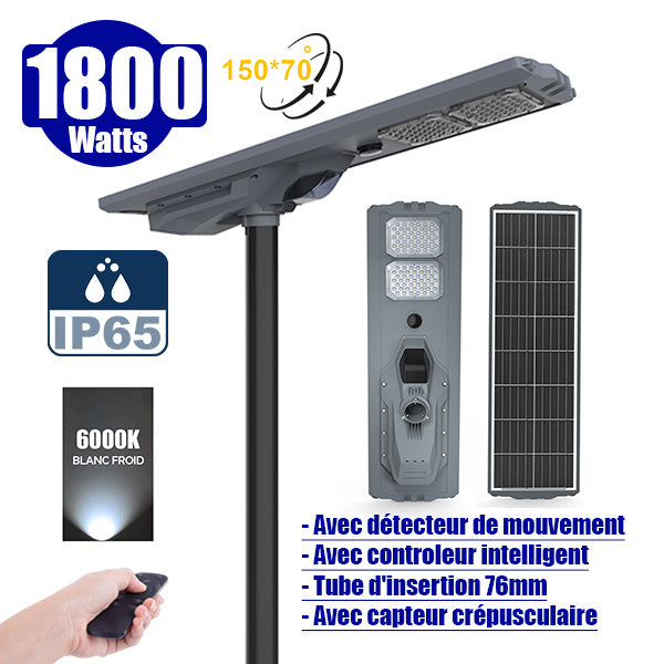 Lampe de rue solaire - Série STARSHIP ULTRA 6500 - Rendu lumineux 1800 Watts - 6500 Lumens - Couleur 6000k - Angle 150x70° - IP65 - Structure aluminium - Dimensions 112 x 36 x 16 cm - Tube d'insertion 76mm - Contrôle intelligent - Capteur PIR