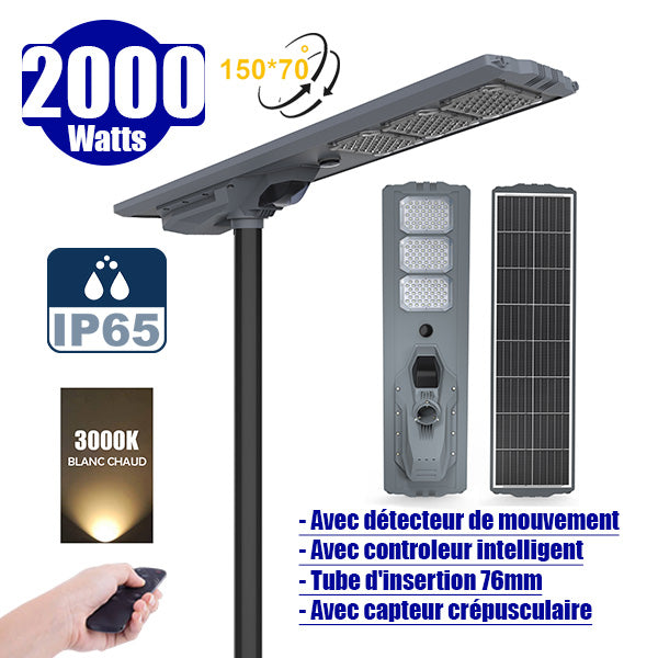 Lampe de rue solaire - Série STARSHIP ULTRA 8500 - Rendu lumineux 2000 Watts - 8500 Lumens - Couleur 3000k - Angle 150x70° - IP65 - Structure aluminium - Dimensions 134 x 36 x 16 cm - Tube d'insertion 76mm - Contrôle intelligent - Capteur PIR