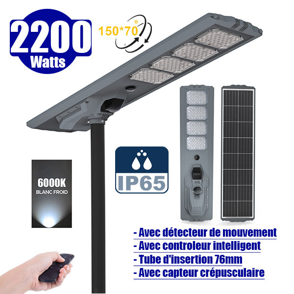 Lampe de rue solaire - Série STARSHIP ULTRA 12 000 - Rendu lumineux 2200 Watts - 12 000 Lumens - Couleur 6000k - Angle 150x70° - IP65 - Dimensions 167 x 36 x 16 cm - Tube d'insertion 76mm - Contrôle intelligent de la lumière - Avec capteur PIR