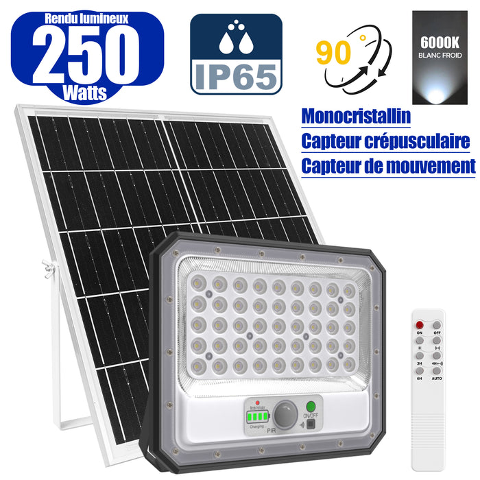 Projecteur LED solaire - Série SECURITY V2 - 250 Watts - 1500 Lumens - Angle 90° - IP65 - Lampe 26 x 21 x 4 cm - Panneau solaire MONOCRISTALLIN 30 x 21 x 2 cm - Avec détecteur de mouvement - Avec télécommande - Support ajustable - 6000k