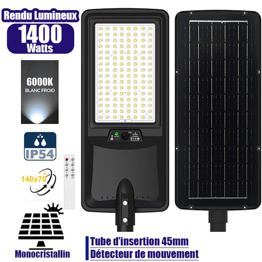 Lampe de rue LED solaire - Série VIEW V2 EVO - 1400 Watts - 4500 Lumens - 6000k - Angle 140*70° - IP54 - 64 x 26 x 7 cm - Panneau Monocristallin - Batterie 25Ah - Détecteur de mouvement - Télécommande - Tube d'insertion 45mm