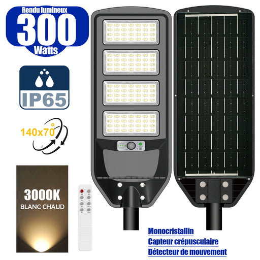 Solaire - Luminaire LED pour Candélabre / Lampe de rue et parking - Série VIEW V2 - 300 Watts - 2300 Lumens - Angle 140*70° - IP65 - Lampe 62 x 25 x 5 cm - Panneau MONOCRISTALLIN - 51 x 23 cm - Détecteur de mouvement - 3000k - Tube d'insertion 45mm