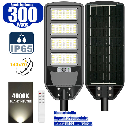 Solaire - Luminaire LED pour Candélabre / Lampe de rue et parking - Série VIEW V2 - 300 Watts - 2300 Lumens - Angle 140*70° - IP65 - Lampe 62 x 25 x 5 cm - Panneau MONOCRISTALLIN - 51 x 23 cm - Détecteur de mouvement - 4000k - Tube d'insertion 45mm