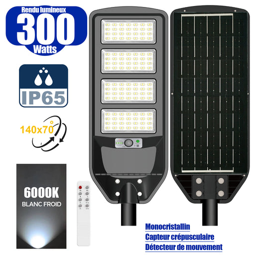 Solaire - Luminaire LED pour Candélabre / Lampe de rue et parking - Série VIEW V2 - 300 Watts - 2300 Lumens - Angle 140*70° - IP65 - Lampe 62 x 25 x 5 cm - Panneau MONOCRISTALLIN - 51 x 23 cm - Détecteur de mouvement - 6000k - Tube d'insertion 45mm