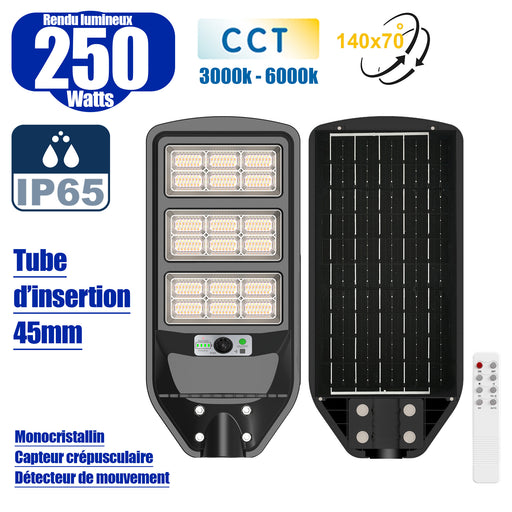 Solaire - Luminaire LED pour Candélabre / Lampe de rue et parking - Série VIEW V3 CCT (Couleur Changeante en Température) - 250 Watts - 2100 Lumens - Angle 140*70° - IP65 - Lampe 62 x 25 x 5 cm - Panneau MONOCRISTALLIN 51 x 23 cm - Détecteur de mouvement