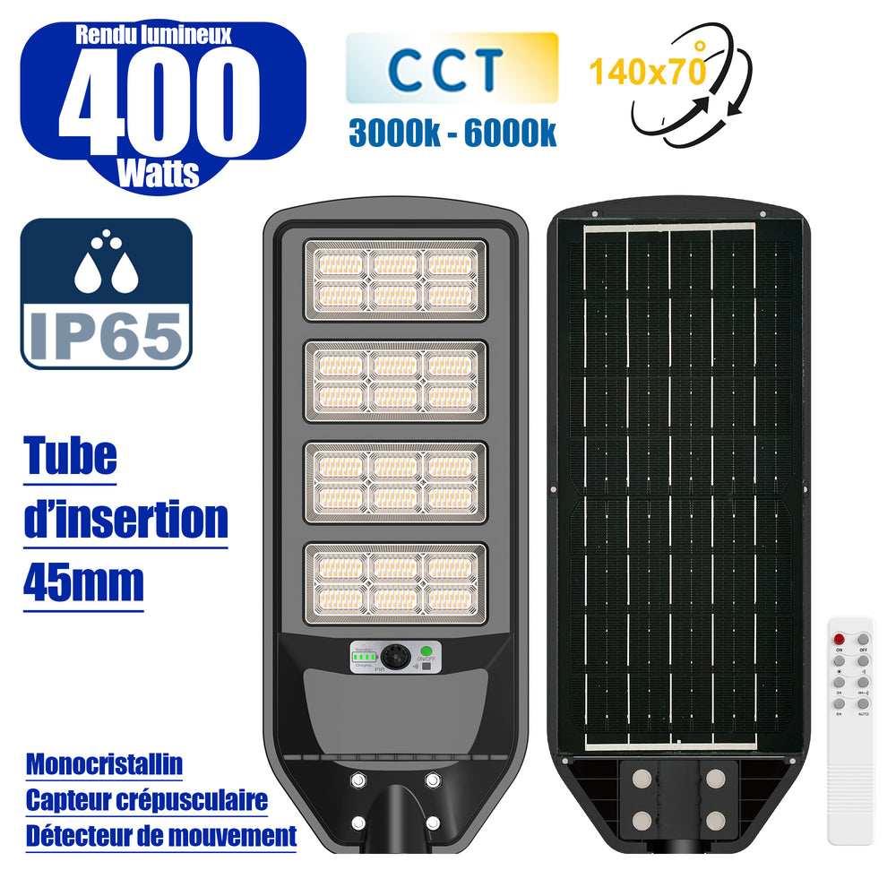 Solaire - Luminaire LED pour Candélabre / Lampe de rue et parking - Série VIEW V3 CCT (Couleur Changeante en Température) - 400 Watts - 2700 Lumens - Angle 140*70° - IP65 - Lampe 72 x 25 x 5 cm - Panneau MONOCRISTALLIN 61 x 23 cm - Détecteur de mouvement