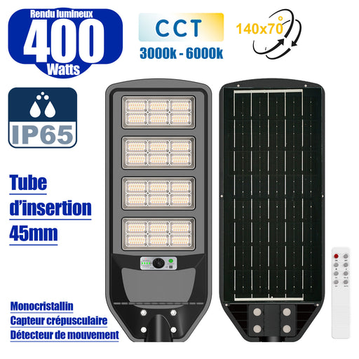 Solaire - Luminaire LED pour Candélabre / Lampe de rue et parking - Série VIEW V3 CCT (Couleur Changeante en Température) - 400 Watts - 2700 Lumens - Angle 140*70° - IP65 - Lampe 72 x 25 x 5 cm - Panneau MONOCRISTALLIN 61 x 23 cm - Détecteur de mouvement