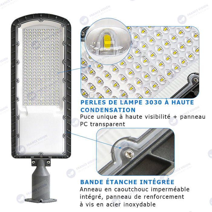 Lampe de rue filaire - Série FLEX ECO - 50 Watts - 6000 Lumens - 120 Lumens/Watt - Angle 120 x 60° - IP66 - IK08 - 493 x 170 x 70mm - Tube d'insertion 50mm - 3000k