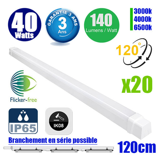 Pack de 20x Reglettes LED étanches 120cm - Série CONNECT - CCT (Couleur Changeante en Température) - 40 Watts - 5600 Lumens - 140 Lumens/watt - 120°  - IP65 - 118 x 7 x 6 cm - Transformateur Flicker Free - Branchement en Série Possible - Garantie 3 ans