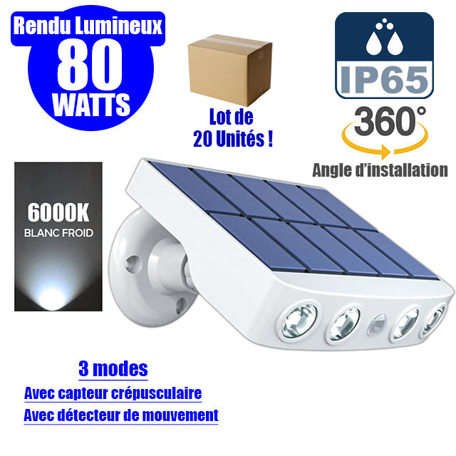 Lot de 20x Projecteurs / Lampes de sécurité solaire LED multifonctionnelles - Série HYPNOSE - Rendu lumineux 80 Watts - 600 Lumens - Multi angles d'installation 360° - IP65 - 14 x 11 x 3 cm - Détecteur de mouvement - 3 Modes - Modèle blanc - 6000k