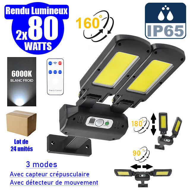Lot de 24x Lampes LED solaires à double tête ajustable - Série MOBILE - Rendu lumineux 2x 80 Watts - Angle 160° - IP65 - 373 x 140 x 100 mm - COB LED - 3 modes - Télécommande - Détecteur de mouvement PIR – Fonction détection 0-100% - Capteur crépusculaire
