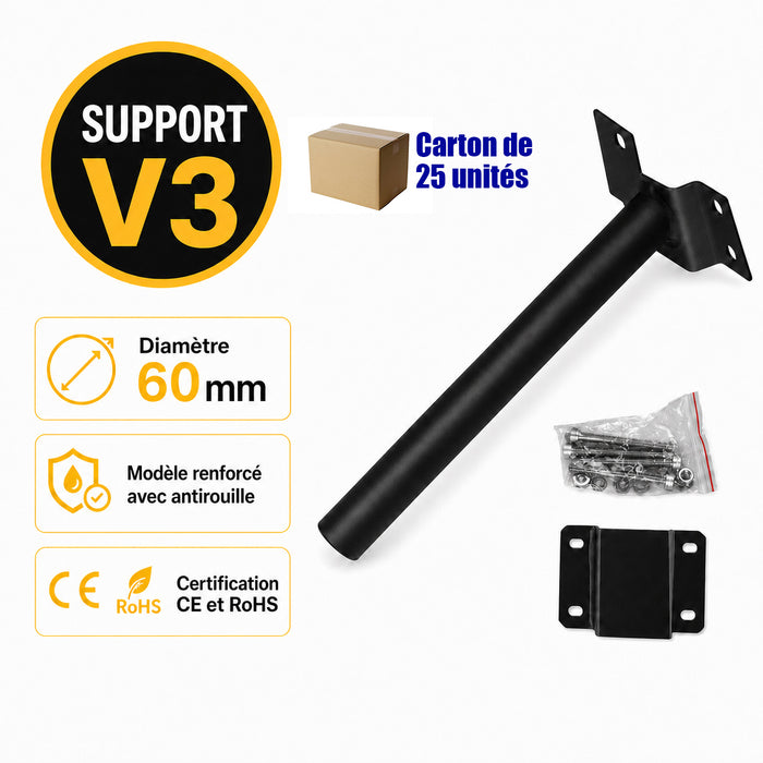 Lot de 25x Supports muraux pour Candélabre / Lampe de rue et parking – V3 - Diamètre 60mm - Couleur NOIR - Modèle renforcé avec antirouille