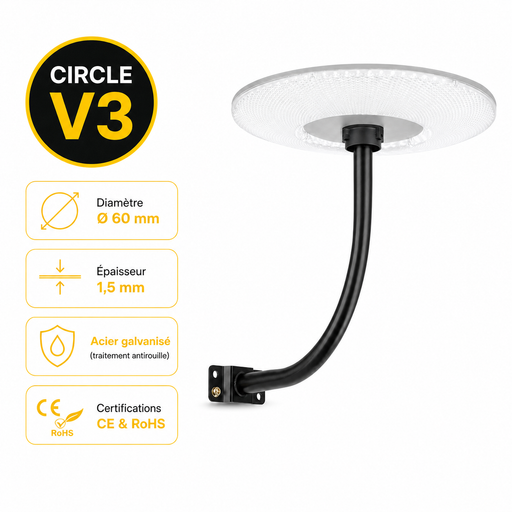 Support mural ou de mât pour lampe – Perpendiculaire rond - CIRCLE V3 – Diamètre 60mm – Longueur 50cm – Couleur NOIR - Modèle renforcé avec antirouille