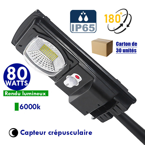Carton / Lot de 30x Lampes de rue solaires - Série CYCLOPE - Rendu lumineux 80 Watts - Angle éclairage 180 ° - IP65 - 25 x 14 x 4 cm - Avec capteur crépusculaire – Support mural intégré – Couleur 6000K