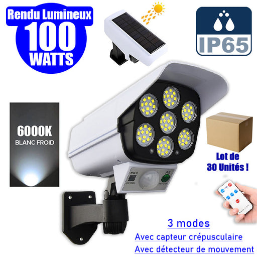 Lot de 30x Projecteurs LED solaires de sécurité - Série ILLUSION – Rendu lumineux 100 Watts - IP65 - 195 x 104 x 90 mm - 3 modes - Télécommande - Avec détecteur de mouvement – Fonction détection 0-100% - Avec capteur crépusculaire - 6000k