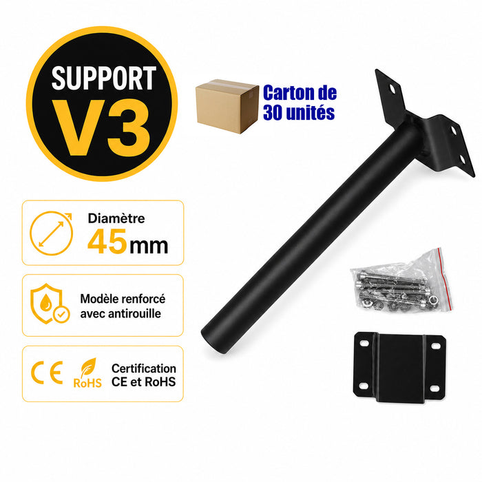 Lot de 30x Supports muraux pour Candélabre / Lampe de rue et parking – V3 - Diamètre 45mm - Couleur NOIR - Modèle renforcé avec antirouille