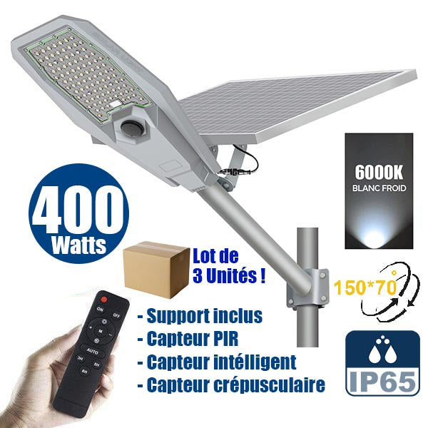 Lot de 3x Lampes de rue solaire - Série INTERSTELLAR ULTRA - 400 Watts - 3100 Lumens - Angle 150x70° - IP65 - Lampe 62 x 30 x 8 cm - Controleur intelligent - Avec télecommande - Capteur PIR - 6000k - Support inclus - Capteur crépusculaire