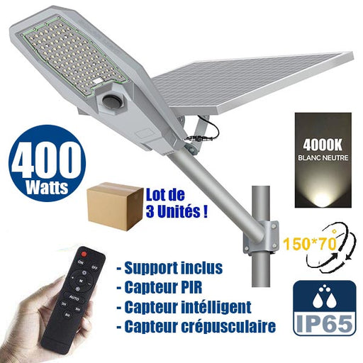 Lot de 3x Lampes de rue solaire - Série INTERSTELLAR ULTRA - 400 Watts - 3100 Lumens - Angle 150x70° - IP65 - Lampe 62 x 30 x 8 cm - Controleur intelligent - Avec télecommande - Capteur PIR - 4000k - Support inclus - Capteur crépusculaire