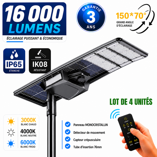 Lot de 4x Lampes de rue solaires - Série STARSHIP ELITE - 16 000 Lumens - Angle 150x70° - IP65 - 3000k/4000k/6000k au choix - Structure ALUMINIUM - Tube d'insertion 76mm - Régulateur MPPT - Détecteur de mouvement - Télécommande - Garantie 3 ans