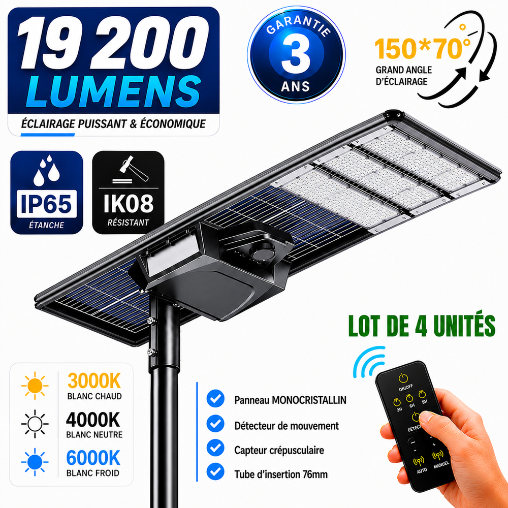 Lot de 4x Lampes de rue solaires - Série STARSHIP ELITE - 19 200 Lumens - Angle 150x70° - IP65 - 3000k/4000k/6000k au choix - Structure ALUMINIUM - Tube d'insertion 76mm - Régulateur MPPT - Détecteur de mouvement - Télécommande - Garantie 3 ans