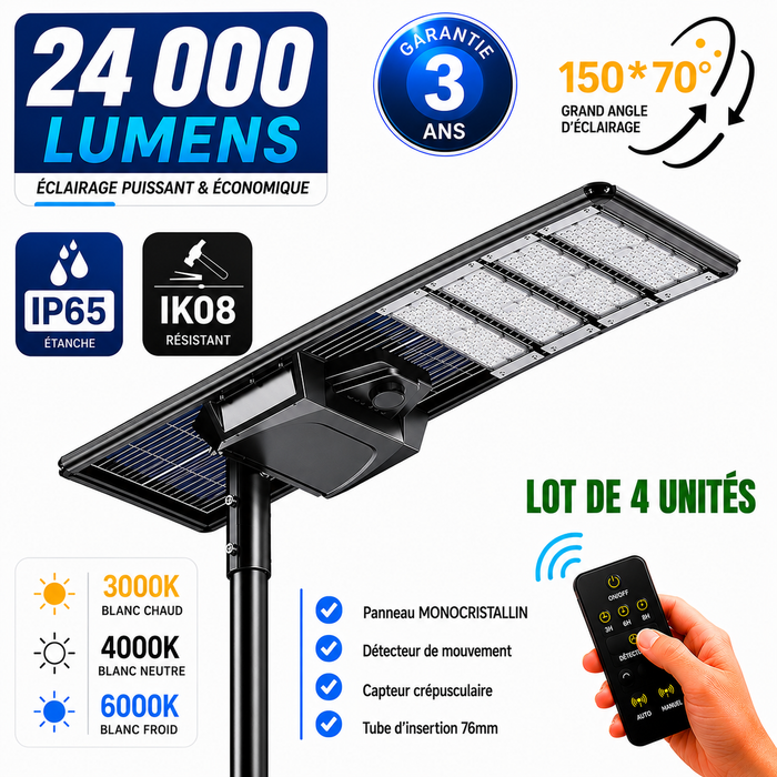 Lot de 4x Lampes de rue solaires - Série STARSHIP ELITE - 24 000 Lumens - Angle 150x70° - IP65 - 3000k/4000k/6000k au choix - Structure ALUMINIUM - Tube d'insertion 76mm - Régulateur MPPT - Détecteur de mouvement - Télécommande - Garantie 3 ans