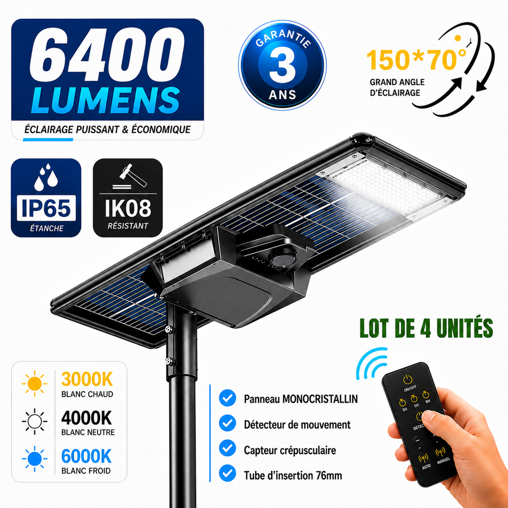 Lot de 4x Lampes de rue solaires - Série STARSHIP ELITE - 6400 Lumens - Angle 150x70° - IP65 - 3000k/4000k/6000k au choix - Structure ALUMINIUM - Tube d'insertion 76mm - Régulateur MPPT - Détecteur de mouvement - Télécommande - Garantie 3 ans