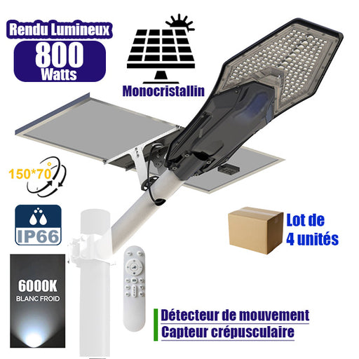 Lot de 4x Lampes de rue solaires - Série INTERSTELLAR ELITE PIR - 800 Watts - 5600 Lumens - Angle 150*70° - IP66 - Lampe 75 x 34 x 10 cm - Panneau 67 x 45 x 3 cm - Contrôleur intelligent - Télécommande - Support inclus - Détecteur de mouvement - 6000k