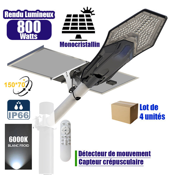 Lot de 4x Lampes de rue solaires - Série INTERSTELLAR ELITE PIR - 800 Watts - 5600 Lumens - Angle 150*70° - IP66 - Lampe 75 x 34 x 10 cm - Panneau 67 x 45 x 3 cm - Contrôleur intelligent - Télécommande - Support inclus - Détecteur de mouvement - 6000k