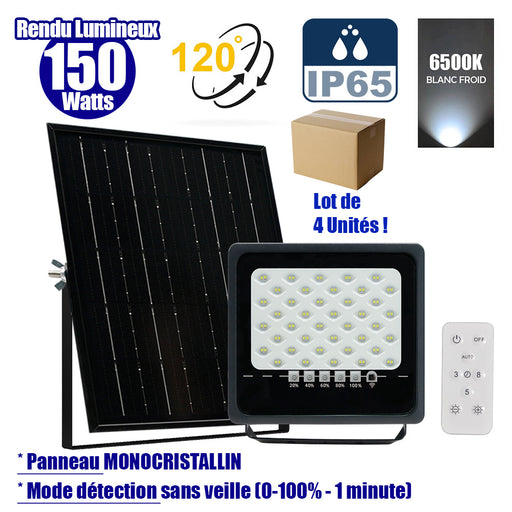 Lot de 4x Projecteurs LED solaires - Série SECURITY ULTRA - 150 Watts - 900 Lumens - Angle 120° - IP65 - Lampe 21 x 20 x 5 cm - Panneau solaire MONOCRISTALLIN 23 x 21 x 2 cm - Télécommande - 6500k - Mode de détection sans veille (0-100% - 1 minute)