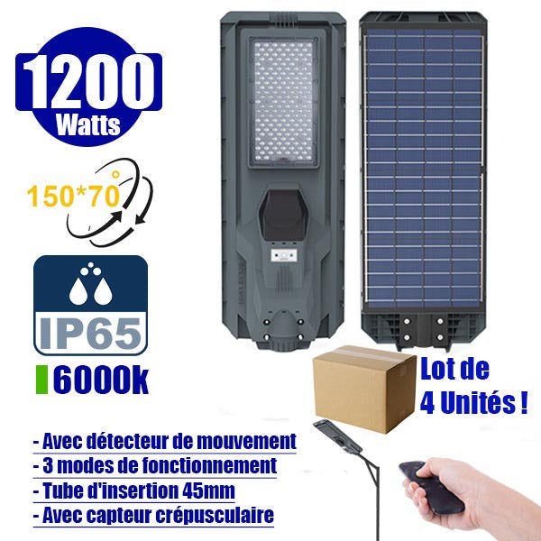 Lot de 4x Lampes de rue solaires - Série STARSHIP - Rendu lumineux 1200 Watts - 3600 Lumens - Couleur 6000K - Angle 150x70° - IP65 - Dimensions 82 x 30 x 8 cm - Tube d'insertion 45mm - Avec détecteur de mouvement - Télécommande - 3 modes de fonctionnement