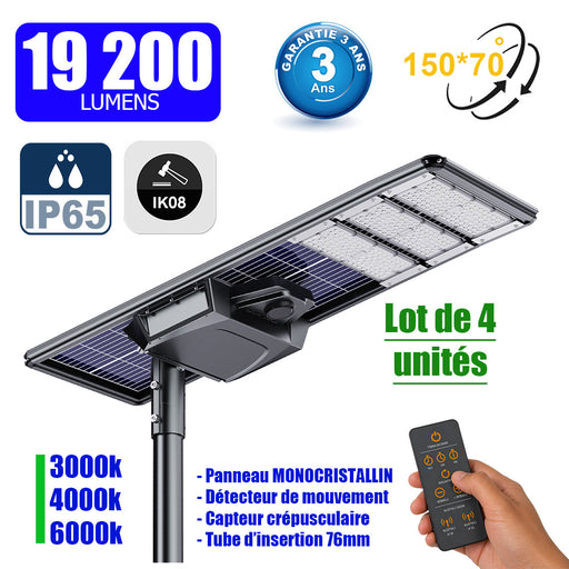 Lot de 4x Lampes de rue solaires - Série STARSHIP ELITE - 19 200 Lumens - Angle 150x70° - IP65 - 3000k/4000k/6000k au choix - Structure ALUMINIUM - Tube d'insertion 76mm - Régulateur MPPT - Détecteur de mouvement - Télécommande - Garantie 3 ans