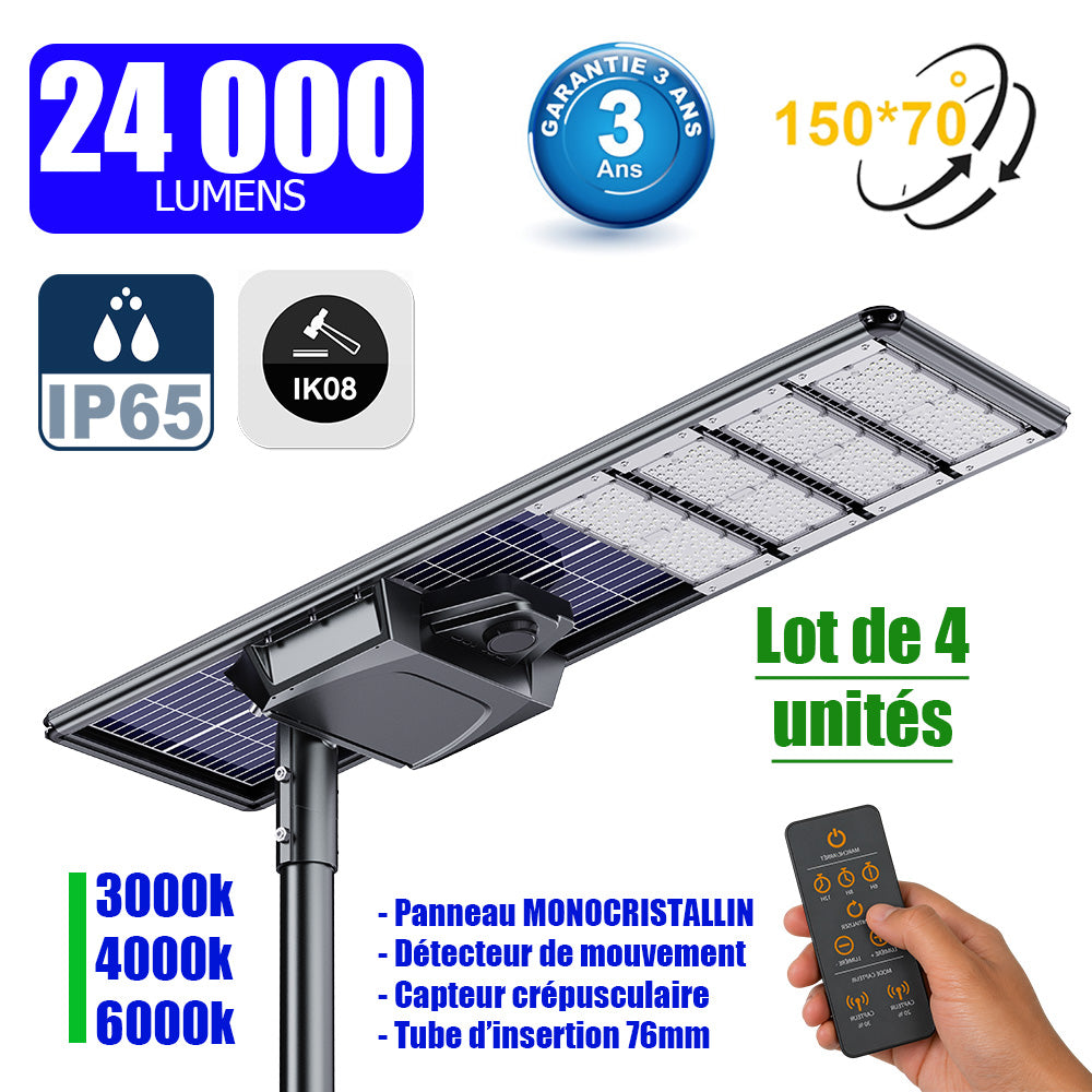 Lot de 4x Lampes de rue solaires - Série STARSHIP ELITE - 24 000 Lumens - Angle 150x70° - IP65 - 3000k/4000k/6000k au choix - Structure ALUMINIUM - Tube d'insertion 76mm - Régulateur MPPT - Détecteur de mouvement - Télécommande - Garantie 3 ans