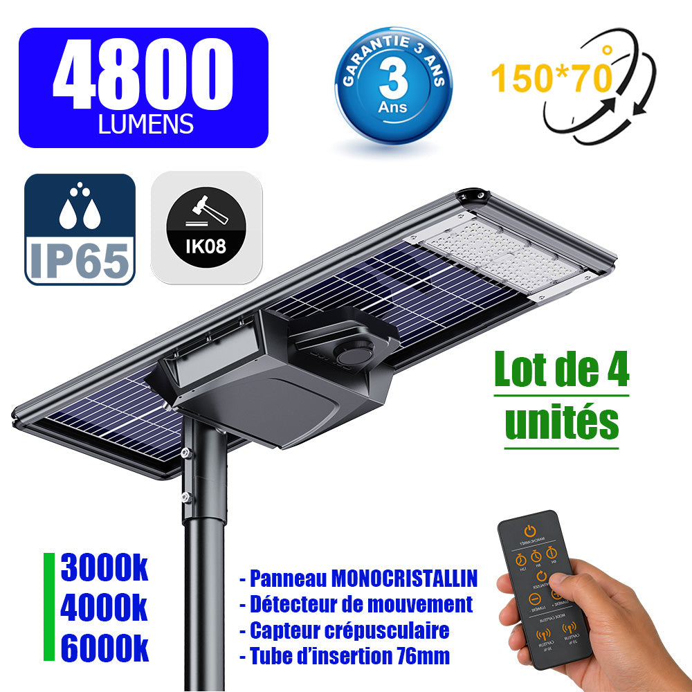 Lot de 4x Lampes de rue solaires - Série STARSHIP ELITE - 4800 Lumens - Angle 150x70° - IP65 - 3000k/4000k/6000k au choix - Structure ALUMINIUM - Tube d'insertion 76mm - Régulateur MPPT - Détecteur de mouvement - Télécommande - Garantie 3 ans