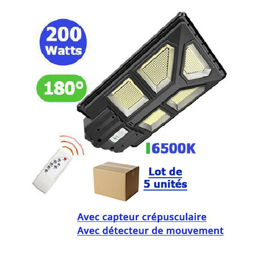 Lot de 5x Lampadaires solaires extérieurs de rue / parking - Série POWER ULTRA - Rendu 200 Watts - 2000 lumens - 180° - IP65 - 46 x 36 x 8 cm - Avec capteur crépusculaire - Télécommande - Avec détecteur de mouvement - Diamètre tube d’insertion 45 mm