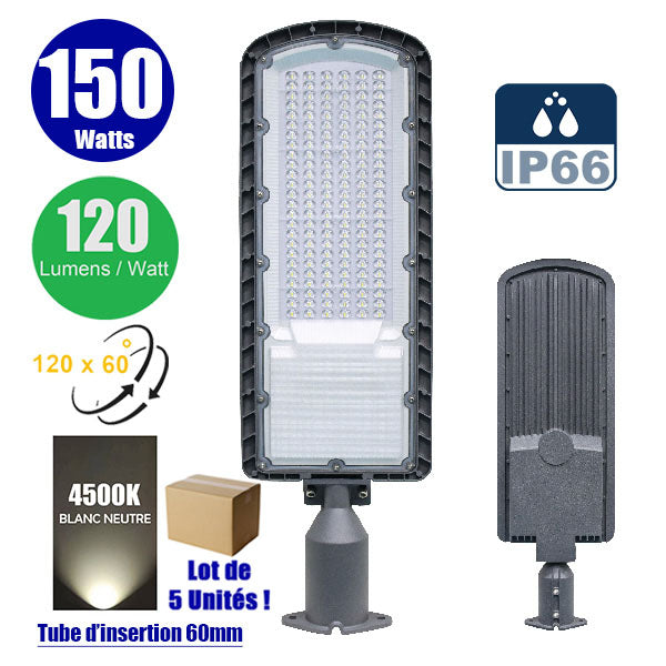 Lot de 5x Lampes de rue filaire - Série FLEX ECO - 150 Watts - 18 000 Lumens - 120 Lumens/Watt - Angle 120 x 60° - IP66 - IK08 - 665 x 210 x 80mm - Tube d'insertion 60mm - 4500k