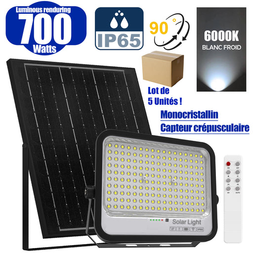 Lot de 5x Projecteurs LED solaires - Série PERFORMANCE - 700 Watts - 4000 Lumens - Angle 90° - IP65 - Lampe 32 x 26 x 5 cm - Panneau solaire 43 x 39 x 2 cm - MONOCRISTALLIN FULL BLACK - Télécommande - Capteur crépusculaire  - 6000k