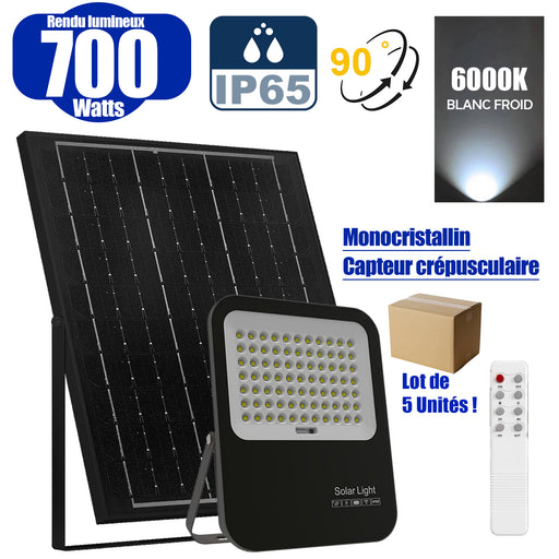 Lot de 5x Projecteurs LED solaires - Série BIG BOY V3 - 700 Watts - 4000 Lumens - 90° - IP65 - Lampe 33 x 28 x 5 cm - Modèle NOIR - Panneau solaire MONOCRISTALLIN FULL BLACK 43 x 39 x 2 cm - Télécommande - 6000k - Structure ALUMINIUM