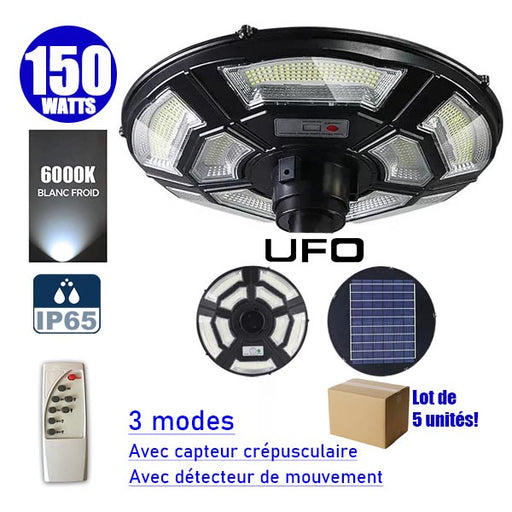 Lot de 5x Lampes solaires pour extérieur - Série OVNI BASIC V2 - Rendu lumineux 150W - Angle 360° - IP65 - 55 x 15 cm - Tube d'insertion 60 / 76mm - Avec télécommande - Avec détecteur de mouvement - Avec capteur crépusculaire - 6000k