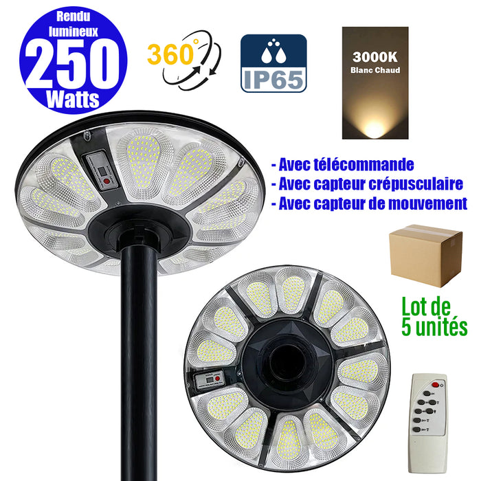 Lot de 5x Lampes solaires pour extérieur - Série OVNI CRYSTAL - 250 Watts - 1500 Lumens - Angle 360° - IP65 -  Lampe 55 x 55 x 6 cm - Tube d'insertion 60/76 mm - Panneau polycristallin 36 x 42 cm - Détecteur de mouvement - Télécommande - 3000k