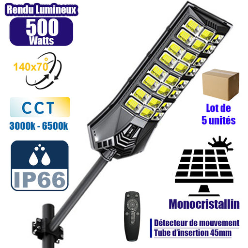 Lot de 5x Lampadaires solaires de rue / parking - Série POWER ULTRA V2 CCT (Couleur Changeante en Température) - 500 Watts - 2400 Lumens - Angle 140*70° - IP66 - 69 x 27 x 7 cm - Télécommande - Détecteur de mouvement - Tube d’insertion 45 mm
