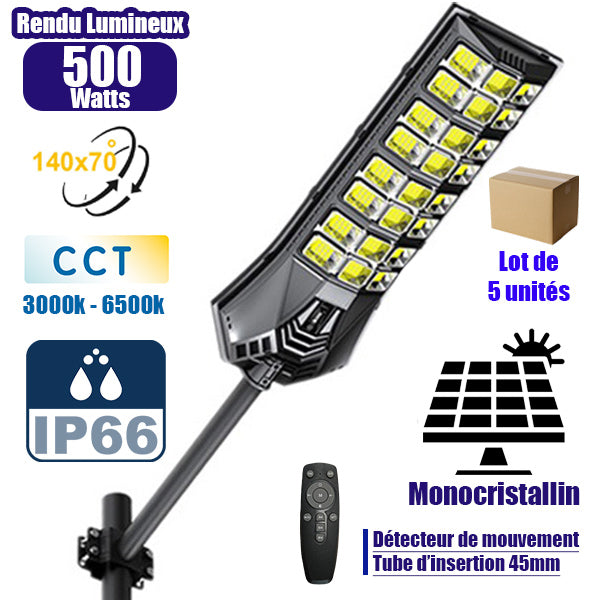 Lot de 5x Lampadaires solaires de rue / parking - Série POWER ULTRA V2 CCT (Couleur Changeante en Température) - 500 Watts - 2400 Lumens - Angle 140*70° - IP66 - 69 x 27 x 7 cm - Télécommande - Détecteur de mouvement - Tube d’insertion 45 mm