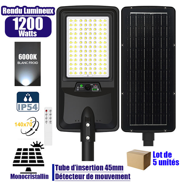 Lot de 5x Lampes de rue LED solaires - Série VIEW V2 EVO  - 1200 Watts - 3600 Lumens - 6000k - Angle 140*70° - IP54 - 64 x 26 x 7 cm - Panneau Monocristallin - Batterie 20Ah - Détecteur de mouvement - Télécommande - Tube d'insertion 45mm