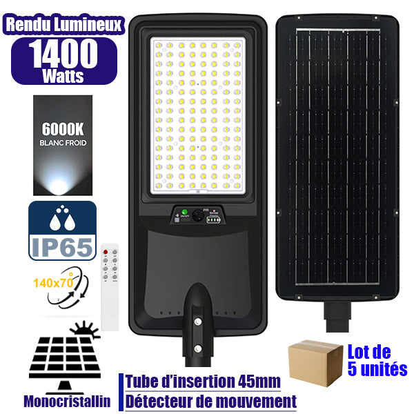 Lot de 5x Lampes de rue LED solaires - Série VIEW V2 EVO  - 1400 Watts - 4500 Lumens - 6000k - Angle 140*70° - IP65 - 64 x 26 x 7 cm - Panneau Monocristallin - Batterie 25Ah - Détecteur de mouvement - Télécommande - Tube d'insertion 45mm