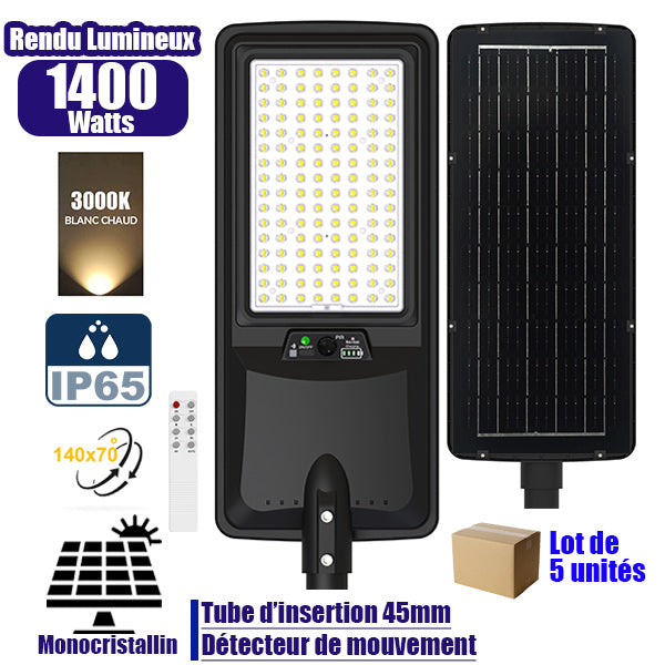 Lot de 5x Lampes de rue LED solaires - Série VIEW V2 EVO  - 1400 Watts - 4500 Lumens - 3000k - Angle 140*70° - IP65 - 64 x 26 x 7 cm - Panneau Monocristallin - Batterie 25Ah - Détecteur de mouvement - Télécommande - Tube d'insertion 45mm