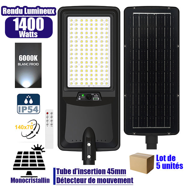 Lot de 5x Lampes de rue LED solaires - Série VIEW V2 EVO  - 1400 Watts - 4500 Lumens - 6000k - Angle 140*70° - IP54 - 64 x 26 x 7 cm - Panneau Monocristallin - Batterie 25Ah - Détecteur de mouvement - Télécommande - Tube d'insertion 45mm