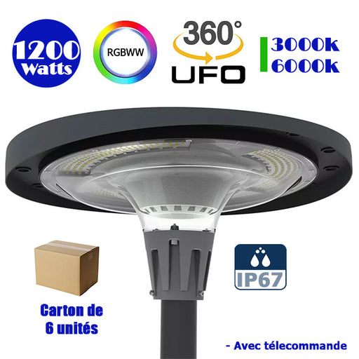 Carton / Lot de 6x Lampes LED solaire  - Série OVNI FUTUR - RGBWW - Type UFO - 1200 Watts - 2800 lumens - Panneau Monocristallin - Diamètre tube d'insertion 76 mm - Télécommande - Couleur 3000K / 6000K / RGB