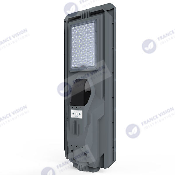 Lampe de rue solaire - Série STARSHIP - Rendu lumineux 800 Watts - 2400 Lumens - Couleur 4000K - Angle 150x70° - IP65 - Dimensions 70 x 30 x 8 cm - Tube d'insertion 45mm - Avec détecteur de mouvement - Télécommande - 3 modes de fonctionnement